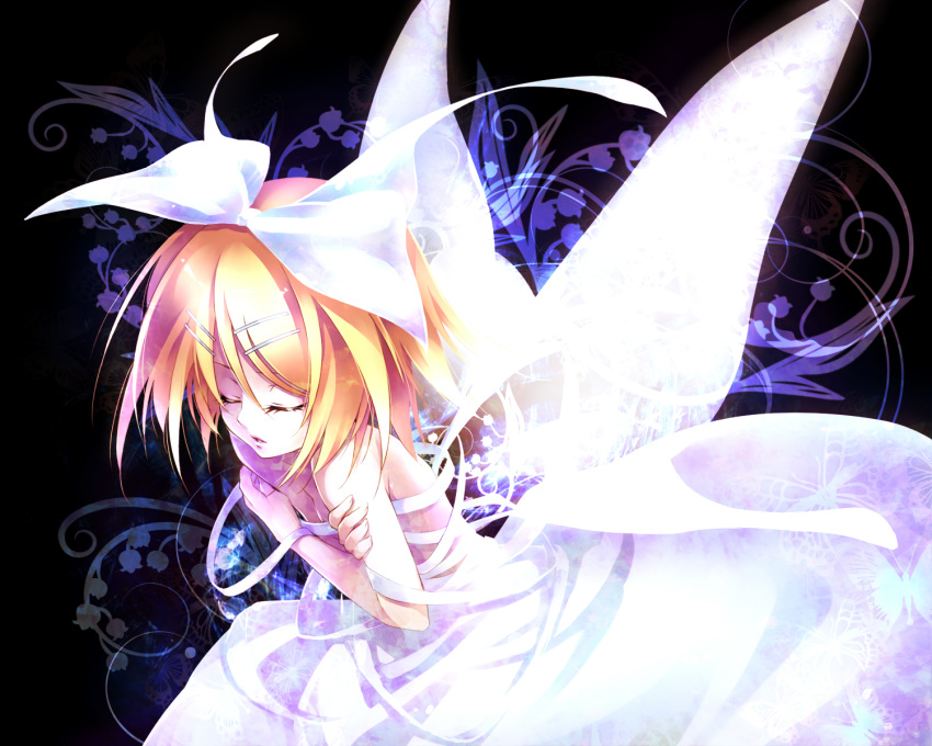 bellflower blonde_hair bow breasts butterfly_wings closed_eyes covering covering_breasts crossed_arms dress eyes_closed flower hair_bow hair_ornament hairclip highres kagamine_rin off_shoulder short_hair solo ueno_tsuki vocaloid white_dress wings