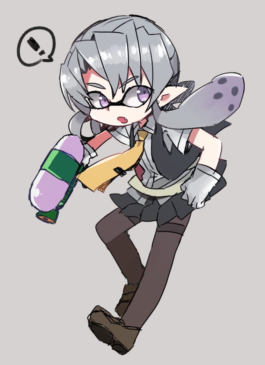 ! 1girl averting_eyes black_pantyhose black_skirt black_vest brown_shoes collared_shirt commentary_request dress_shirt fang gloves grey_background grey_hair highres holding holding_water_gun kantai_collection loafers long_sidelocks medium_hair necktie nowaki_(kancolle) oomori_(kswmr) open_clothes open_mouth open_vest pantyhose pleated_skirt pointy_ears shirt shoes short_sleeves sidelocks simple_background skirt solo speech_bubble splatoon_(series) spoken_exclamation_mark tentacle_hair thighband_pantyhose vest violet_eyes water_gun white_gloves white_shirt yellow_necktie