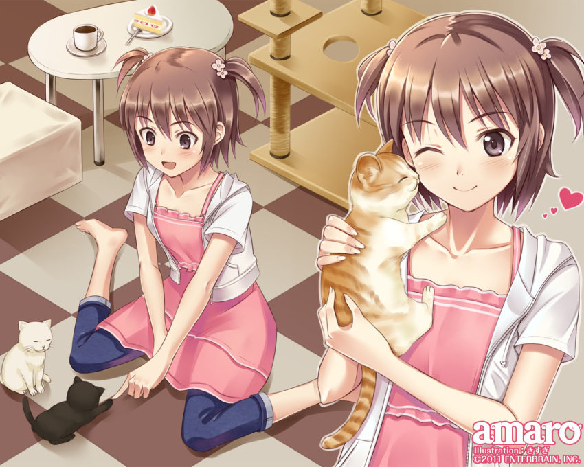 1280x1024 :d ;) animal_hug barefoot blush brown_eyes brown_hair cake casual cat coffee collarbone flower food hair_flower hair_ornament heart hoodie indoors kisugi_akira open_hoodie open_mouth original short_hair short_twintails smile solo table twintails two_side_up wallpaper wink