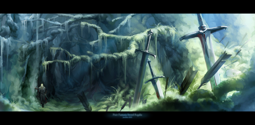 1boy arrow blonde_hair blood blood_stain cape cave forest grass highres janemere letterboxed long_hair male moss nature original pixiv_fantasia pixiv_fantasia_sword_regalia planted_arrow planted_sword planted_weapon solo sword tree vines weapon