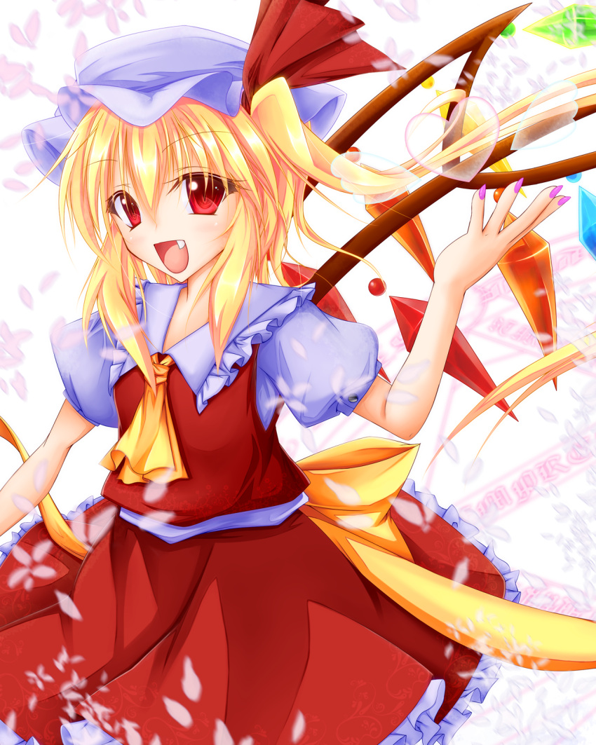 arm_up ascot blonde_hair blouse bow cherry_blossoms eyelashes fang fingernails flandre_scarlet frills hat hat_ribbon heart highres kei_yuiba looking_at_viewer magic_circle nail_polish open_hand open_mouth payot puffy_sleeves red_eyes ribbon short_hair short_sleeves side_ponytail skirt solo tongue touhou vest white_background wings