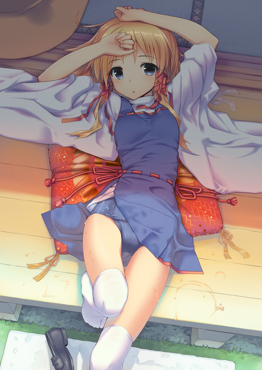 :o arms_up blonde_hair blue_eyes cushion fingernails from_above hair_ribbon hand_on_forehead hat hat_removed headwear_removed highres kurobuta_gekkan leg_lift loafers long_hair looking_at_viewer lying moriya_suwako on_back over-kneehighs pillow porch ribbon school_swimsuit shade shoes shoes_removed solo swimsuit swimsuit_under_clothes tassel thighhighs touhou veranda wet wet_clothes white_legwear wide_sleeves