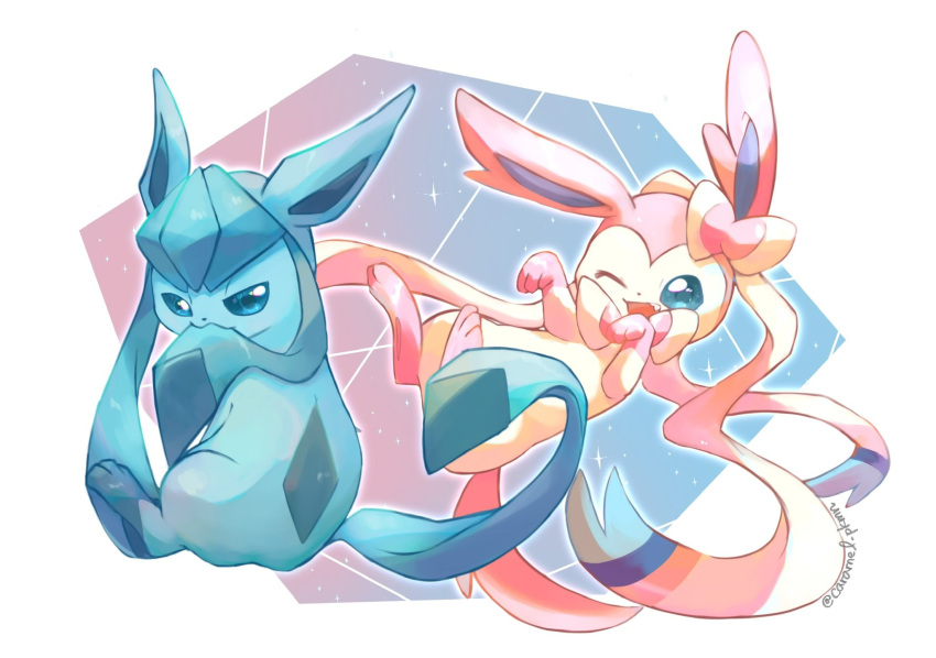 biting blue_eyes caramel_pkmn commentary_request fang full_body highres looking_back no_humans one_eye_closed open_mouth pokemon pokemon_(creature) pokemon_focus smile sylveon vaporeon