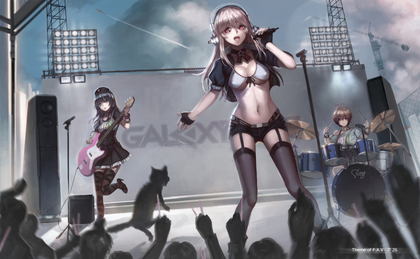 animal bikini_top cat cleavage clouds drums fujimi_suzu glasses gloves guitar hat headphones instrument glasses microphone neko sonico stockings super_sonico super_soniko thigh-highs thighhighs watanuki_fuuri yykuaixian