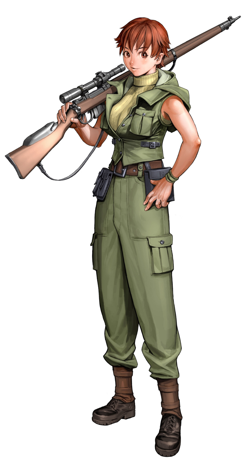 absurdres boots breasts brown_eyes brown_hair combat_boots cynthia_rivele gun hand_on_hip highres hips large_breasts lee-enfield military military_uniform operation_darkness over_shoulder pouch ribbed_sweater rifle scope short_hair sleeveless sniper_rifle solo sweater unbuttoned uniform weapon weapon_over_shoulder