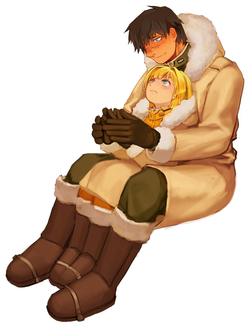 1boy 1girl alice_l_malvin blonde_hair boots coat ferri_yang fur_collar gloves highres military military_uniform pumpkin_scissors randal_orlando scar size_difference uniform