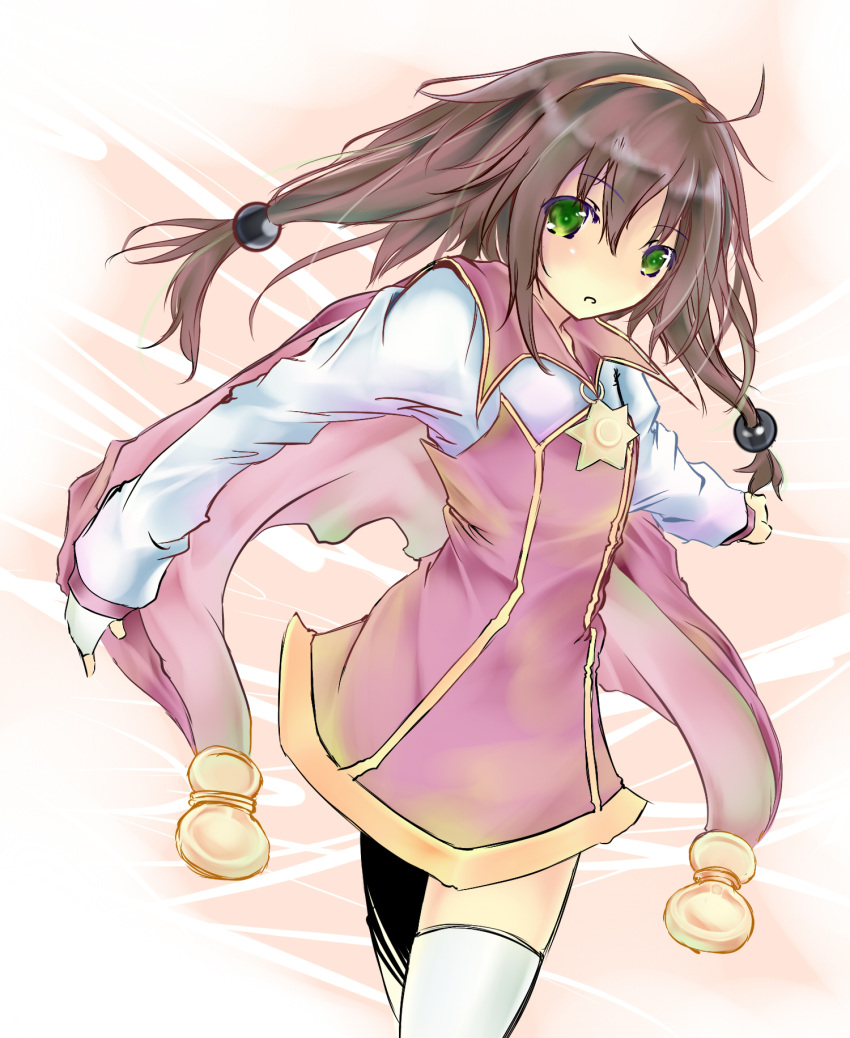 brown_hair cape coat expressionless green_eyes hairband highres lilka_eleniak long_hair long_hair_tied_low low-tied_long_hair mag_(giraffe009) no_nose skirt solo thigh-highs thighhighs twintails white_legwear wild_arms wild_arms_2