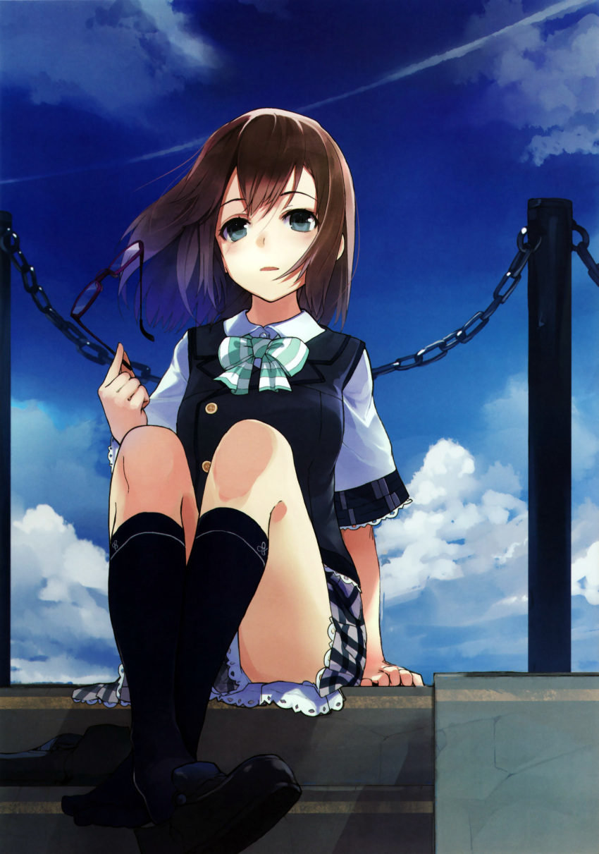 absurdres black_legwear blue_eyes blue_sky bowtie brown_hair cloud clouds crossed_legs feet glasses glasses_removed highres holding holding_glasses kneehighs legs_crossed loafers no_shoes open_mouth original school_uniform shirabi_(life-is-free) shoe_dangle shoes short_hair single_shoe sitting sky solo
