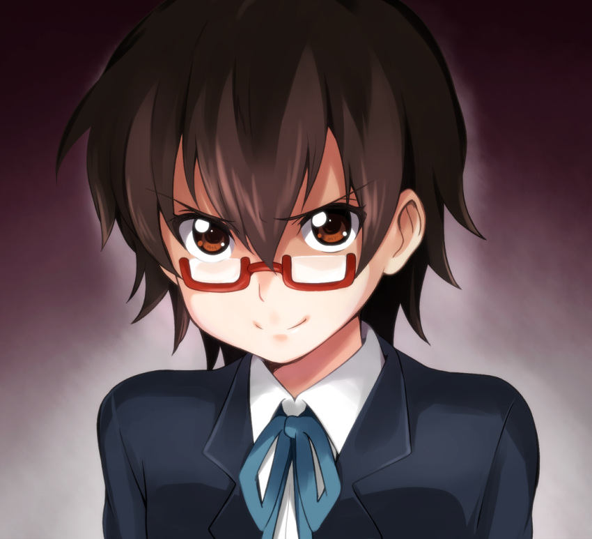 brown_eyes brown_hair glasses ikari_manatsu k-on! manabe_nodoka red-framed_glasses school_uniform semi-rimless_glasses short_hair under-rim_glasses