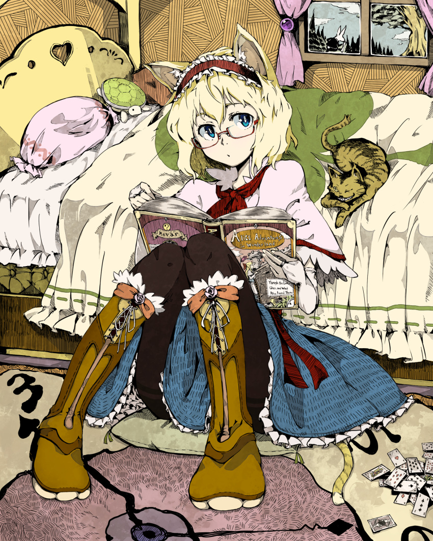 alice_in_wonderland alice_margatroid animal_ears bed bespectacled black_legwear blonde_hair blue_eyes book boots bridal_gauntlets card cat cat_ears cheshire_cat fobiddensins glasses hairband highres ido_(fobiddensins) kemonomimi_mode pantyhose pillow playing_card sitting solo touhou white_rabbit