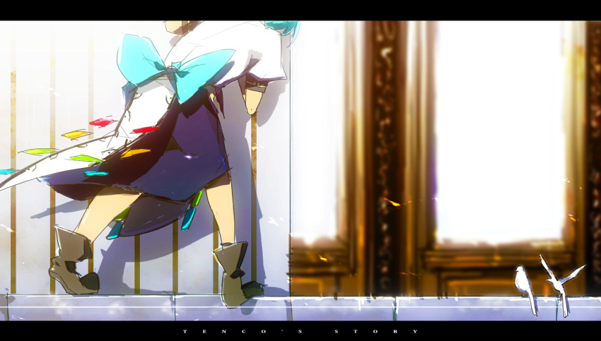 aqua_hair bird from_behind head_out_of_frame highres hinanawi_tenshi letterboxed short_hair siirakannu sneaking solo touhou