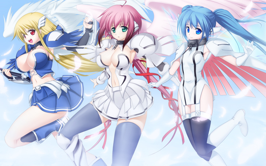 ahoge angel_wings astraea blonde_hair blue_eyes blue_hair boots breasts chain chains choker cleavage clouds collar feathers gloves green_eyes ikaros jerry large_breasts long_hair multiple_girls navel no nymph nymph_(sora_no_otoshimono) pink_hair red_eyes skirt smile sora sora_no_otoshimono thigh-highs thighhighs white_gloves wings