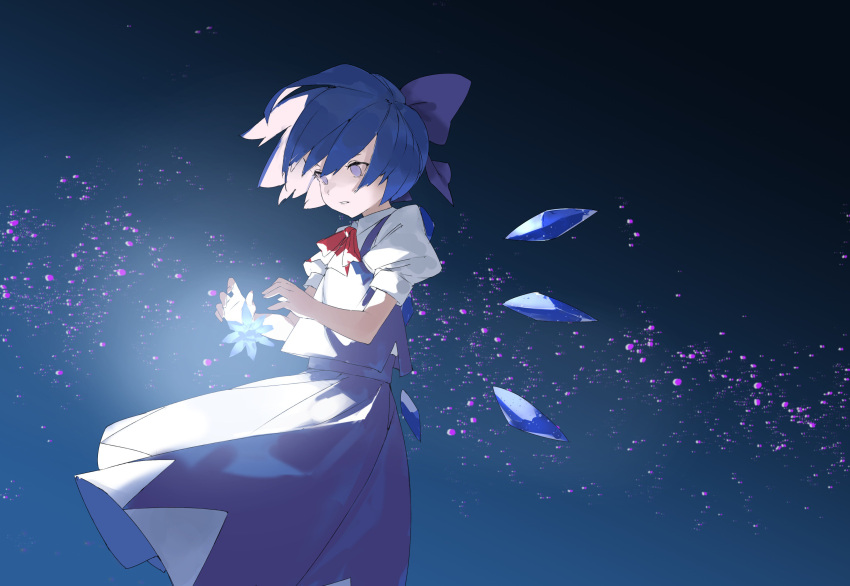 1girl absurdres arms_up blue_bow blue_shirt blue_skirt bow cirno commentary_request fairy_wings floating hair_bow highres ice ice_wings kerchief large_bow light looking_down no_pupils pikumin pleated_skirt puffy_short_sleeves puffy_sleeves red_neckwear shirt short_hair short_sleeves skirt skirt_set sleeveless sleeveless_shirt solo standing touhou white_shirt wings