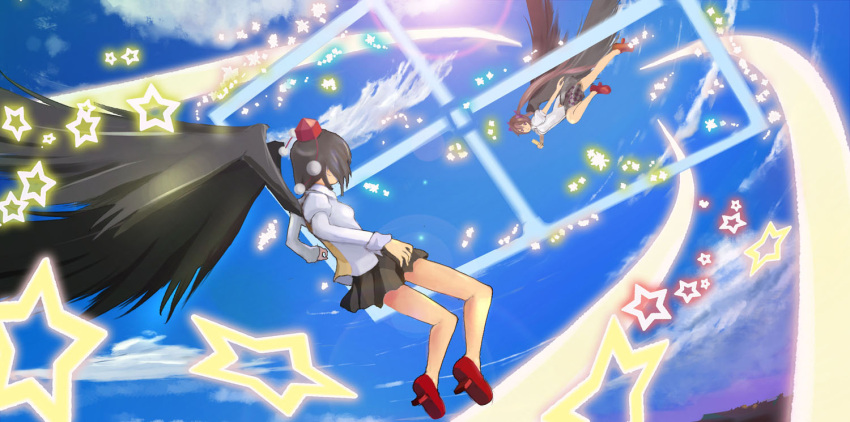 bad_id black_hair black_skirt blue_sky brown_hair cellphone checkered cloud clouds danmaku double_spoiler duo feathered_wings female fighting flying freedom hair hat himekaidou_hatate japanese_clothes looking_at_another looking_at_camera multiple_girls phone red_shoes shameimaru_aya shirt shoes short_hair skirt sky sparkle target tengu tokin_hat touhou twintails two_girls white_shirt wings