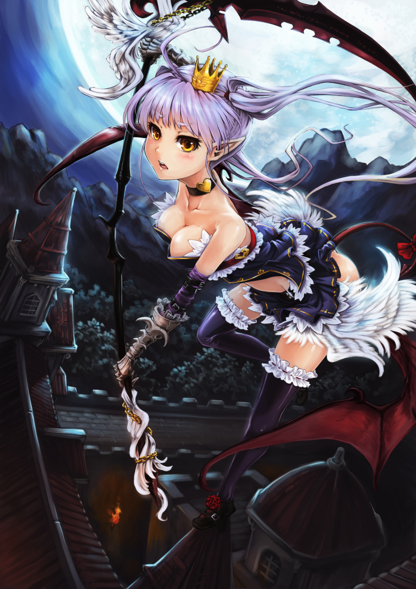 absurdres bare_shoulders breasts cleavage crown demon_tail down_blouse highres ks leaning_forward long_hair moon original pointy_ears purple_hair rose scythe shiny shiny_skin solo tail thigh-highs thighhighs wings yellow_eyes