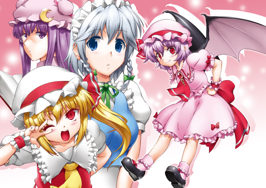 bat_wings bespectacled blonde_hair blue_eyes blush braid byeontae_jagga crescent fang flandre_scarlet glasses hat highres izayoi_sakuya long_hair mary_janes multiple_girls open_mouth patchouli_knowledge purple_eyes red_eyes remilia_scarlet shoes short_hair silver_hair smile touhou twin_braids v violet_eyes wings wink wrist_cuffs