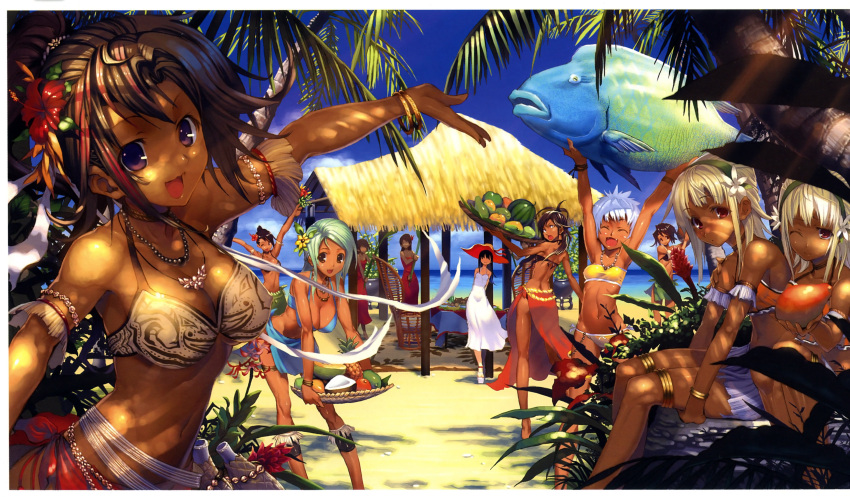 :d \o/ absurdres armlet armpits arms_up beach bikini blue_eyes blue_hair blush bracelet breasts brown_hair cleavage closed_eyes coconut dark_skin dress eyes_closed fang fish flower food fruit hair_flower hair_ornament hairband harem hat highres jewelry large_breasts letterboxed long_hair looking_back masa-koba multiple_girls necklace open_mouth original outstretched_arms palm_tree pineapple purple_eyes red_eyes sarong short_hair smile sundress swimsuit taut_shirt tree tubetop violet_eyes watermelon white_hair wink