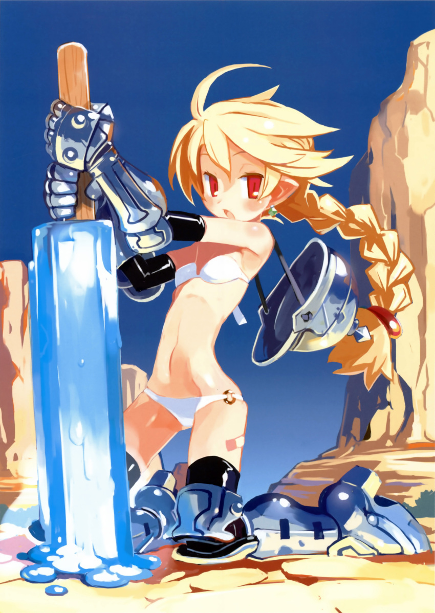 absurdres bandaid bare_shoulders bikini black_gloves black_legwear blonde_hair braid earrings elbow_gloves gauntlets gloves greaves harada_takehito helmet highres jewelry kneeling long_hair looking_at_viewer o-ring_bottom open_mouth original pointy_ears popsicle red_eyes solo strapless swimsuit thigh-highs thighhighs white_bikini