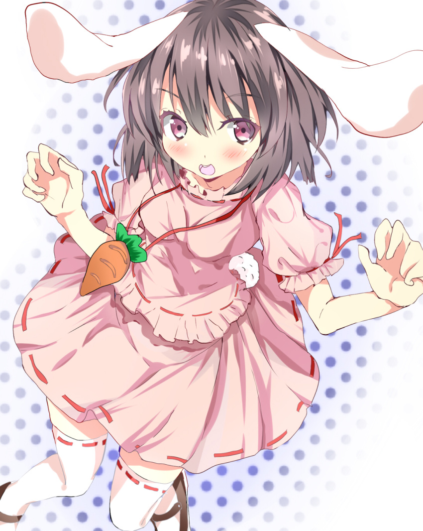 aa44 animal_ears blush brown_hair bunny_ears bunny_tail carrot dress highres inaba_tewi jewelry necklace open_mouth pendant pink_dress polka_dot polka_dot_background purple_eyes rabbit_ears short_hair solo tail thigh-highs thighhighs touhou violet_eyes white_legwear zettai_ryouiki