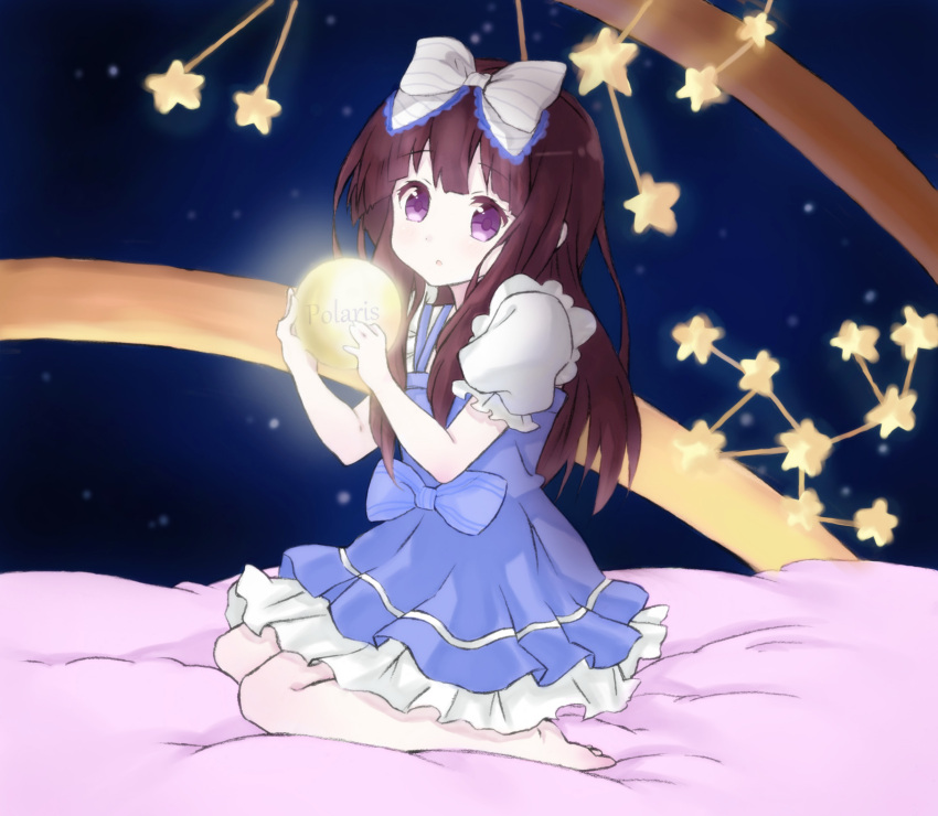 absurdres ame_shiori artist_request bow brown_hair chitanda_eru feet hair_bow highres hyouka kneeling long_hair looking_at_viewer madoromi_no_yakusoku open_mouth purple_eyes solo star_sapphire star_sapphire_(cosplay) touhou violet_eyes