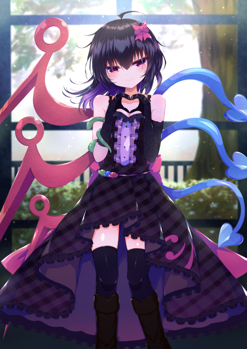 1girl adapted_costume asymmetrical_wings bangs black_dress black_footwear black_gloves black_hair black_legwear blue_wings blush boots buttons center_frills closed_mouth commentary_request dress elbow_gloves feet_out_of_frame frilled_dress frills gloves hair_between_eyes heart heart_hands highres houjuu_nue indoors looking_at_viewer medium_hair mismatched_gloves red_eyes red_wings sleeveless sleeveless_dress smile snake solo thigh-highs tomoe_(fdhs5855) touhou tree ufo window wings