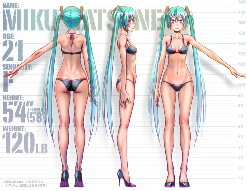 1girl bra character_name from_behind green_hair hatsune_miku height_chart high_heels long_hair panties profile shoes solo twintails underwear very_long_hair vocaloid wokada