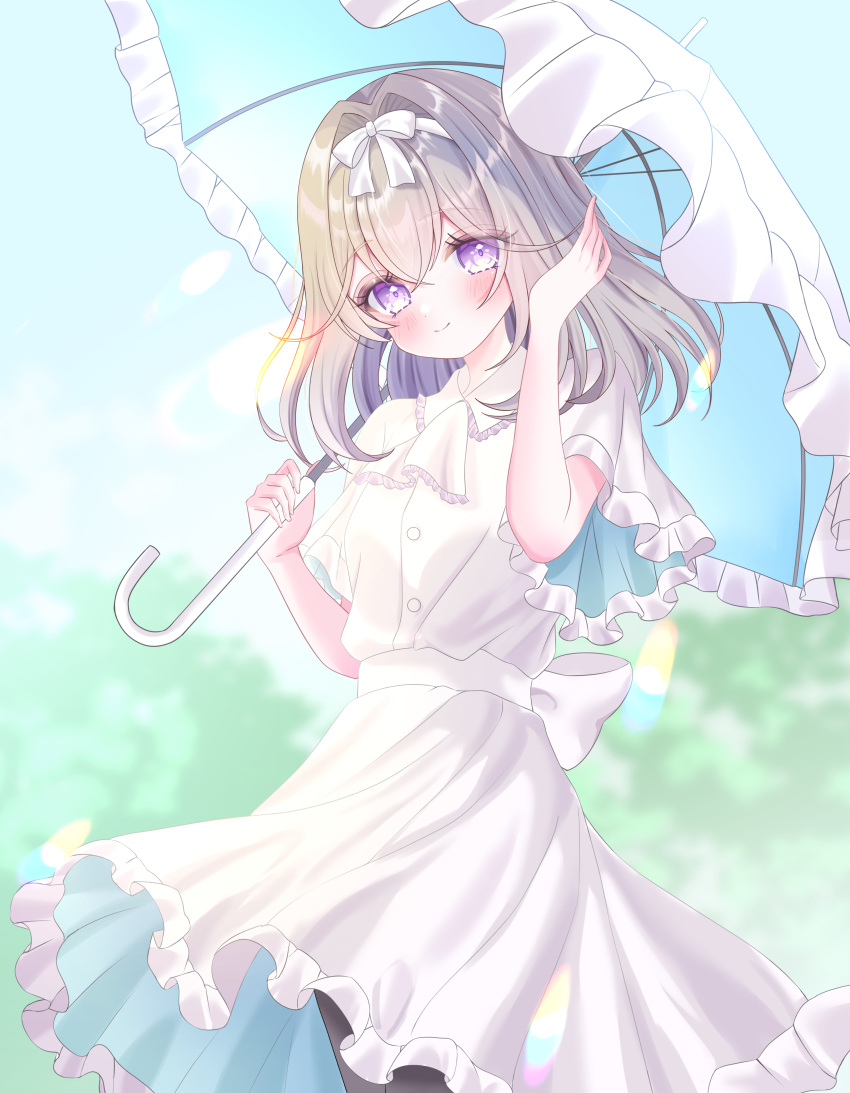 1girl absurdres blush closed_mouth commentary_request dress grey_hair hair_between_eyes hair_intakes hair_ribbon highres holding holding_umbrella looking_at_viewer medium_hair meitantei_precure! moria_luluka parasol precure ribbon rin_rin_riiin05 smile solo umbrella violet_eyes white_dress white_ribbon