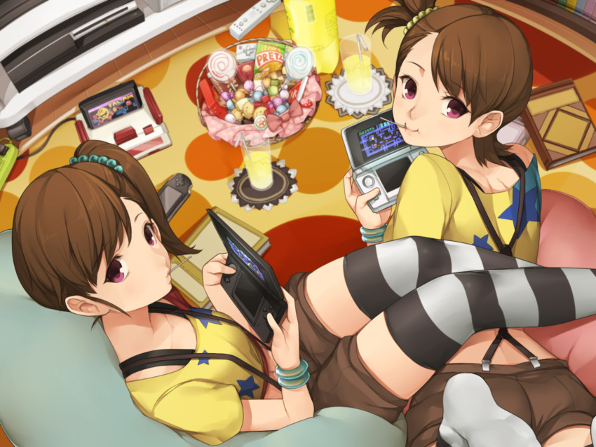 book bookshelf bottle bracelet brown_hair candy company_connection cup famicom food futami_ami futami_mami highres hitoto idolmaster jewelry lollipop looking_at_viewer midriff multiple_girls namco navel nintendo nintendo_3ds pac-man pac-man_(game) pillow playing_games playstation_3 playstation_portable purple_eyes short_hair shorts siblings side_ponytail soda straw striped striped_legwear thighhighs twins violet_eyes wii wii_remote xbox_360 zettai_ryouiki