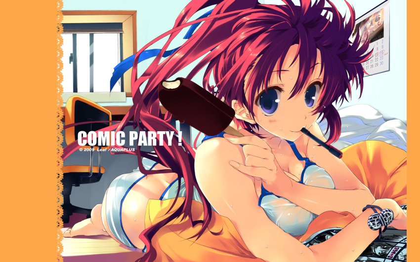 1920x1200 aquaplus ass bare_shoulders blue_eyes breasts camisole cleavage comic_party fingernails hair_ribbon highres leaf leaf_(studio) long_fingernails long_hair looking_at_viewer lying mouth_hold on_stomach panties pantsu ponytail popsicle red_eyes ribbon see-through see-through_silhouette solo sweatdrop takase_mizuki underwear wallpaper wet_clothes