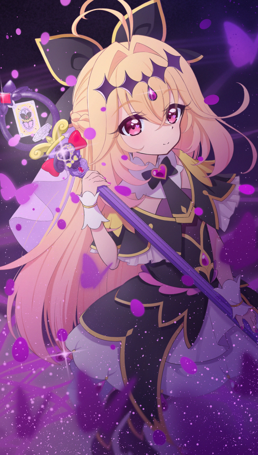 1girl absurdres antenna_hair black_background black_bow black_bowtie black_capelet black_dress black_shoes black_thighhighs blonde_hair bow bowtie brooch bug butterfly capelet closed_mouth commentary crossed_bangs cure_arcana_shadow diamond_hairband dress feet_out_of_frame fingernails forehead_jewel foreshortening frilled_capelet frills gem gold_trim gradient_hair hair_between_eyes hair_bow hair_intakes hairband heart heart_brooch heart_in_eye highres holding holding_staff jewelry kong_yu light_particles long_hair looking_at_viewer magical_girl medium_dress meitantei_precure! moria_luluka multicolored_hair nail_polish pink_eyes pink_hair precure purple_gem purple_nails purple_veil shoes sleeveless sleeveless_dress smile solo sparkle split_mouth staff standing symbol_in_eye tear_arcana_rod thigh-highs two-tone_hair veil very_long_hair white_wrist_cuffs wrist_cuffs