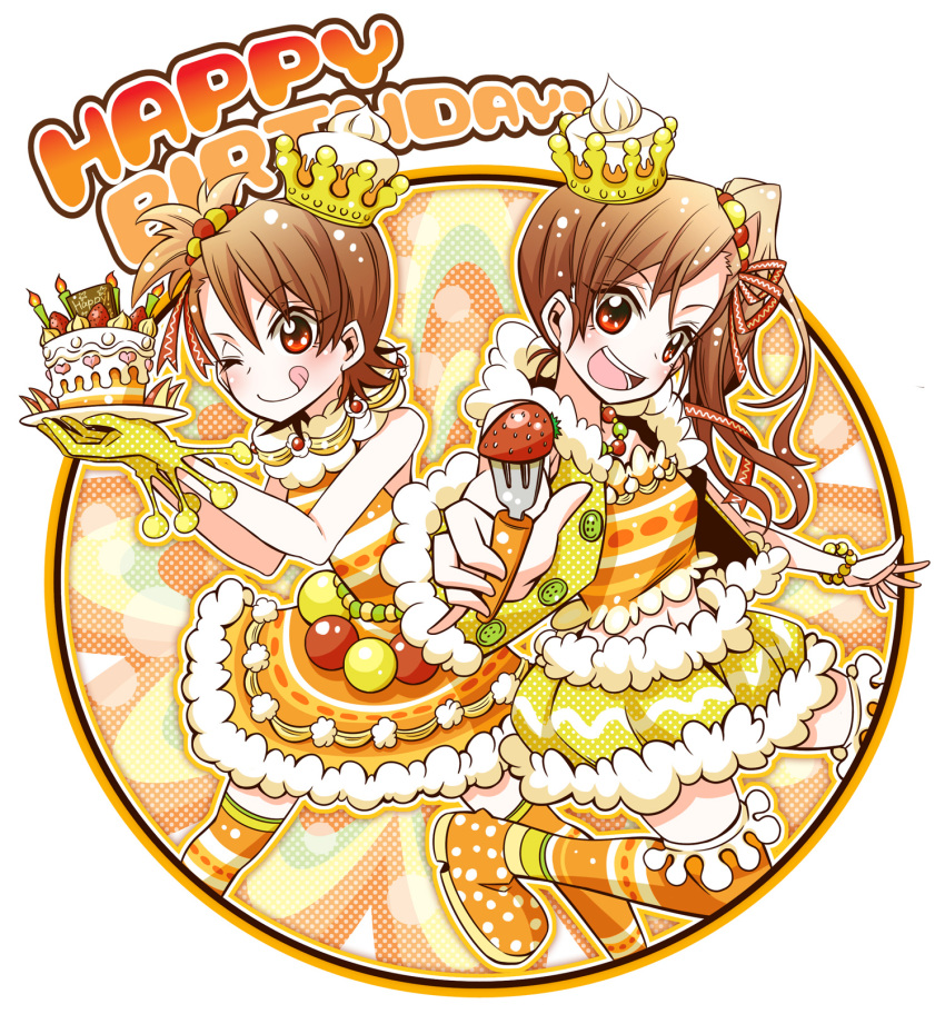 bare_shoulders brown_eyes brown_hair cake dress emu_(toran) food food_as_clothes food_themed_clothes fork fruit futami_ami futami_mami gloves happy_birthday highres idolmaster long_hair midriff multiple_girls navel open_mouth short_hair siblings side_ponytail sisters smile strawberry striped striped_legwear thighhighs tongue twins wink