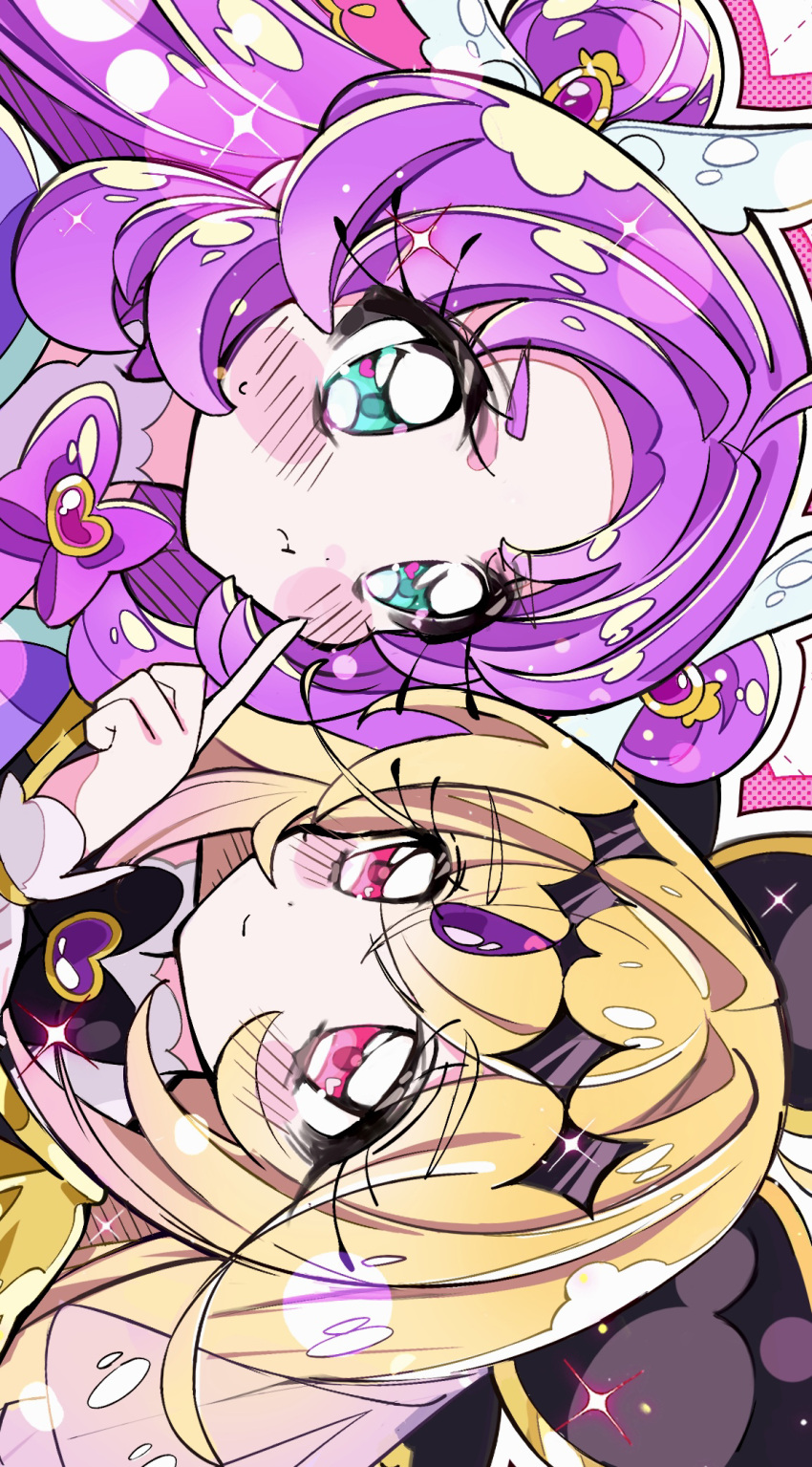 2girls akechi_anna blonde_hair blush cheek_poking closed_mouth commentary_request cure_answer cure_arcana_shadow gradient_hair hand_on_another's_cheek hand_on_another's_face highres impossible_hair long_hair meitantei_precure! mizunonononono moria_luluka multicolored_hair multiple_girls pink_hair poking pout precure purple_hair purple_veil smile veil very_long_hair