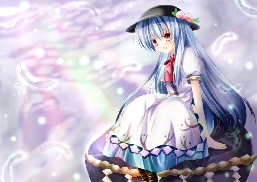 apron bad_id blue_hair boots bow cloud clouds feathers floating food fruit hat hinanawi_tenshi keystone long_hair long_skirt nanoha nanoha-h open_mouth peach red_eyes sitting skirt solo touhou very_long_hair