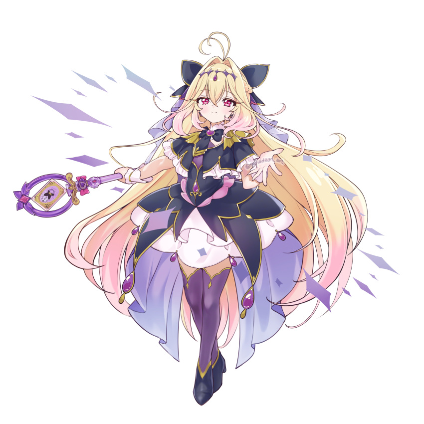 absurdres antenna_hair black_capelet black_dress blonde_hair brooch capelet closed_mouth commentary cure_arcana_shadow diamond_hairband dress frilled_capelet frilled_cuffs frills full_body gradient_hair hair_intakes heart heart_brooch highres holding holding_rod jewelry long_hair looking_at_viewer magical_girl meitantei_precure! moria_luluka multicolored_hair pink_eyes pink_hair precure purple_thighhighs purple_veil rod senada37 smile tear_arcana_rod thigh-highs veil very_long_hair