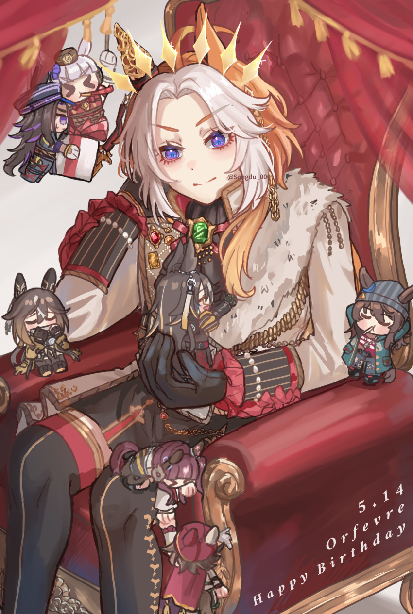 >_< 6+girls absurdres ahoge animal_ears ascot beanie black_ascot black_coat black_gloves black_hair black_jacket black_pants black_skirt black_thighhighs blue_coat blue_eyes blunt_bangs blush bow box brown_hair candy closed_eyes closed_mouth coat commentary_request cost dream_journey_(reminder_of_dreamland)_(umamusume) dream_journey_(umamusume) dress ear_covers ears_through_headwear eyewear_strap fenomeno_(black_flames_of_the_righteous_spirit)_(umamusume) fenomeno_(umamusume) flipped_hair food food_in_mouth gift gift_box glasses gloves goggles goggles_around_neck gold_ship_(red_strife)_(umamusume) gold_ship_(umamusume) grey_hair grey_hat hair_between_eyes harmonica hat highres holding holding_gift horse_ears horse_girl horse_tail instrument jacket lollipop lollipop_in_mouth long_hair long_sleeves looking_at_viewer mini_person minigirl multicolored_hair multiple_girls nakayama_festa_(shichuukyuukatsu)_(umamusume) nakayama_festa_(umamusume) on_throne orange_hair orfevre_(control)_(umamusume) orfevre_(umamusume) pants party_horn peaked_cap pillbox_hat puffy_sleeves purple_hair red_dress shirt single_ear_cover sitting skirt sleeveless sleeveless_dress smile songdu stay_gold_(sunlit_outsider)_(umamusume) stay_gold_(umamusume) stay_gold_clan_(umamusume) tail thigh-highs throne two-tone_hair umamusume violet_eyes white_gloves white_hair white_shirt yellow_coat