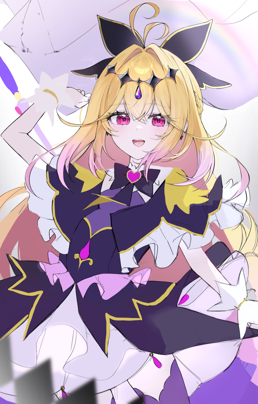 :d absurdres antenna_hair blonde_hair commentary_request cure_arcana_shadow diamond_hairband gradient_hair hair_intakes highres kom376986 korean_commentary long_hair looking_at_viewer magical_girl meitantei_precure! moria_luluka multicolored_hair open_mouth pink_eyes pink_hair precure rainbow smile unfinished very_long_hair