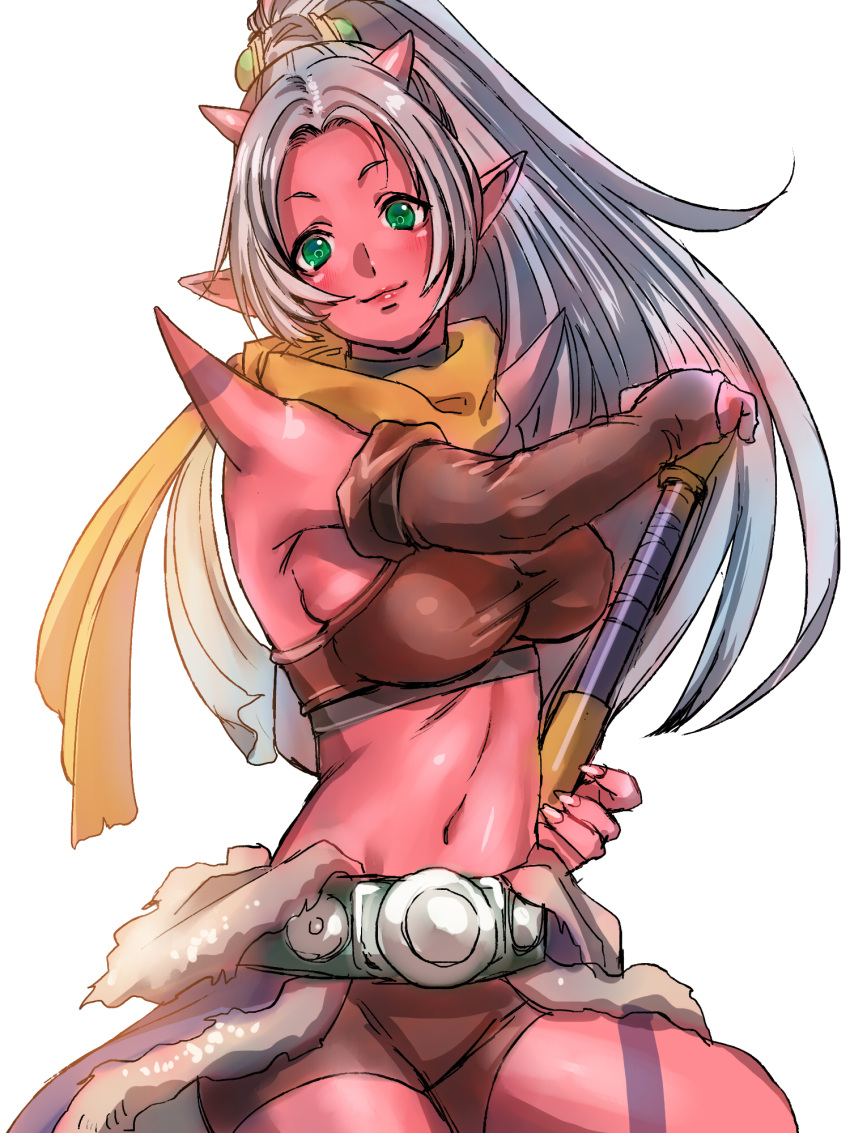 belt blush breasts club dragon_quest dragon_quest_x fingernails green_eyes grey_hair highres horns katotepe katou_teppei light_smile long_fingernails long_hair midriff navel ogre_(dq10) pointy_ears ponytail red_skin scarf shorts simple_background solo spikes taut_shirt weapon