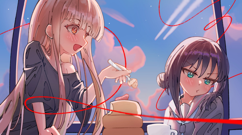 2girls absurdres averting_eyes black_hair black_shirt blonde_hair blush cho_kaguya-hime! clouds commentary_request cup feeding food fruit green_eyes highres holding holding_food kaguya_(cho_kaguya-hime!) looking_at_another multiple_girls neko_chili open_mouth orange_eyes pancake pancake_stack sailor_collar sakayori_iroha shirt short_sleeves strawberry string string_of_fate upper_body window