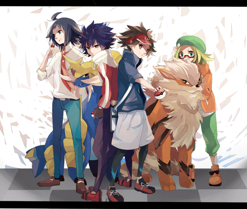 arcanine bag bel_(pokemon) beret black_hair blonde_hair brown_hair chacha_(artist) cheren_(pokemon) glasses gloves hat hat_ribbon holding holding_poke_ball hue_(pokemon) jacket kyouhei_(pokemon) leggings looking_at_viewer male_protagonist_(pokemon_bw2) necktie poke_ball pokemon pokemon_(game) pokemon_bw2 pokemon_trainer ribbon rival_(pokemon_bw2) samurott shoes shoulder_bag smile sneakers tyatya visor_cap