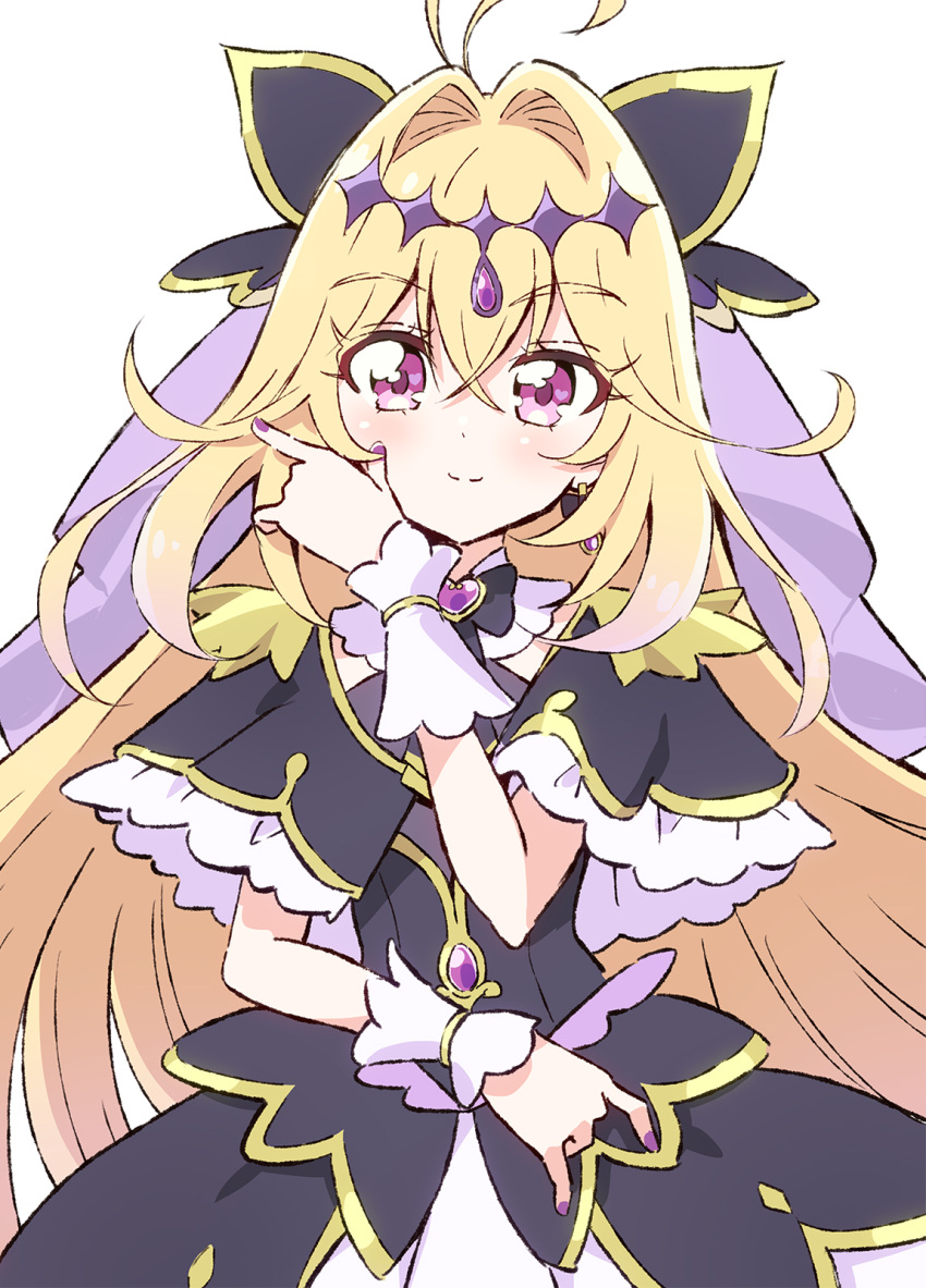 antenna_hair black_capelet blonde_hair capelet chikuwa_(majihima) closed_mouth cure_arcana_shadow diamond_hairband earrings frilled_capelet frills gradient_hair hair_intakes highres jewelry long_hair looking_at_viewer magical_girl meitantei_precure! moria_luluka multicolored_hair pink_hair precure purple_nails purple_veil smile veil very_long_hair
