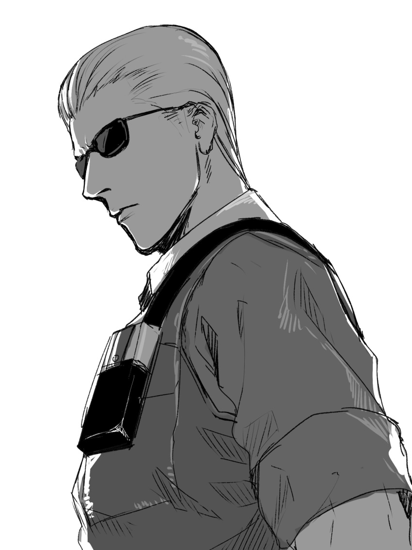 albert_wesker greyscale highres katotepe katou_teppei male monochrome resident_evil simple_background sunglasses white_background