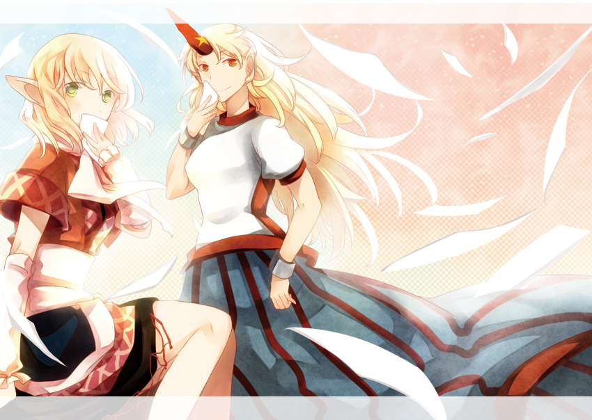 arm_warmers atoki blonde_hair covering covering_breasts covering_face covering_mouth green_eyes highres horn hoshiguma_yuugi letterboxed long_hair long_skirt mizuhashi_parsee multiple_girls paper pointy_ears red_eyes sash shackle shirt short_hair sitting skirt smile standing touhou