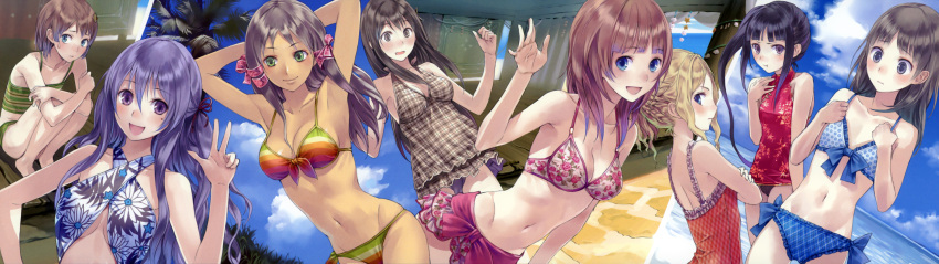 :d :t absurdres arched_back armpits arms_up atelier_(series) atelier_rorona atelier_totori bare_shoulders bikini bikini_skirt black_hair blonde_hair blue_bikini blue_eyes brown_hair bust casual_one-piece_swimsuit cecilia_helmold collage criss-cross_halter crossed_arms cuderia_von_feuerbach dark_skin esty_erhard filly_erhard flat_chest floral_print front-tie_top green_eyes hair_ornament hairpin halter_top halterneck highres kishida_mel knees_on_chest long_hair looking_at_viewer mervia_siebel mimi_houllier_von_schwarzlang mole multicolored_bikini multiple_girls navel one-piece_swimsuit open_mouth pamela_ibiss plaid plaid_swimsuit print_bikini purple_eyes purple_hair rororina_fryxell short_hair side-tie_bikini side_ponytail sitting smile sweatdrop swimsuit totooria_helmold v violet_eyes