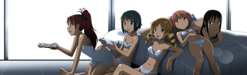 5girls absurdres akemi_homura bare_shoulders barefoot bed bikini black_hair blue_eyes blue_hair blurry bokeh book bra breasts camisole chemise cleavage controller depth_of_field dress drill_hair everyone highres hug kakkii kaname_madoka kneeling lens_flare lingerie long_hair long_image lying mahou_shoujo_madoka_magica midriff miki_sayaka multiple_girls navel off_shoulder on_back on_front on_stomach open_mouth panties pillow pink_eyes pink_hair ponytail red_eyes red_hair redhead remote_control sakura_kyouko short_hair short_twintails sitting sleeveless sleeveless_dress smile swimsuit tomoe_mami twin_drills twintails underwear underwear_only watching_television white_bikini white_bra white_camisole white_panties wide_image yellow_eyes