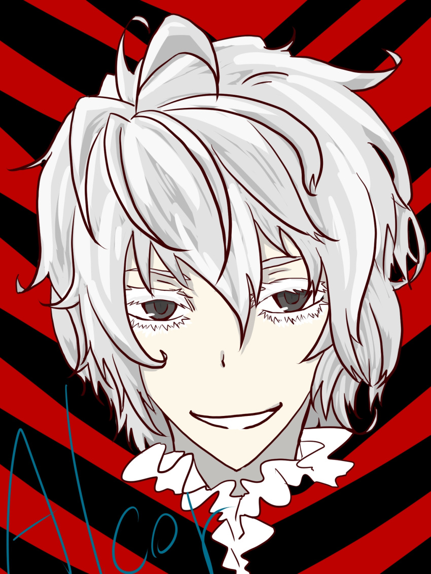 bad_id character_name devil_survivor_2 eyelashes face grey_eyes highres kasujima_(kan'u) kasujima_(kan'u) male megami_ibunroku_devil_survivor melancholy_man messy_hair popped_collar smile solo spoilers white_hair