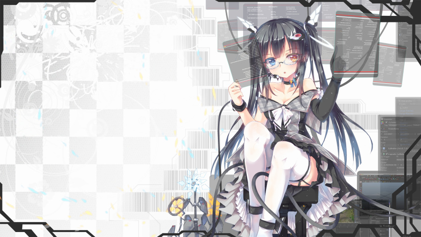 bad_id black_dress black_gloves black_hair blue_eyes brown_eyes cable dress glasses gloves headset heterochromia highres holding long_hair north_abyssor open_mouth original ribbon_choker semi-rimless_glasses single_elbow_glove single_glove sitting solo strapless_dress twintails white_legwear