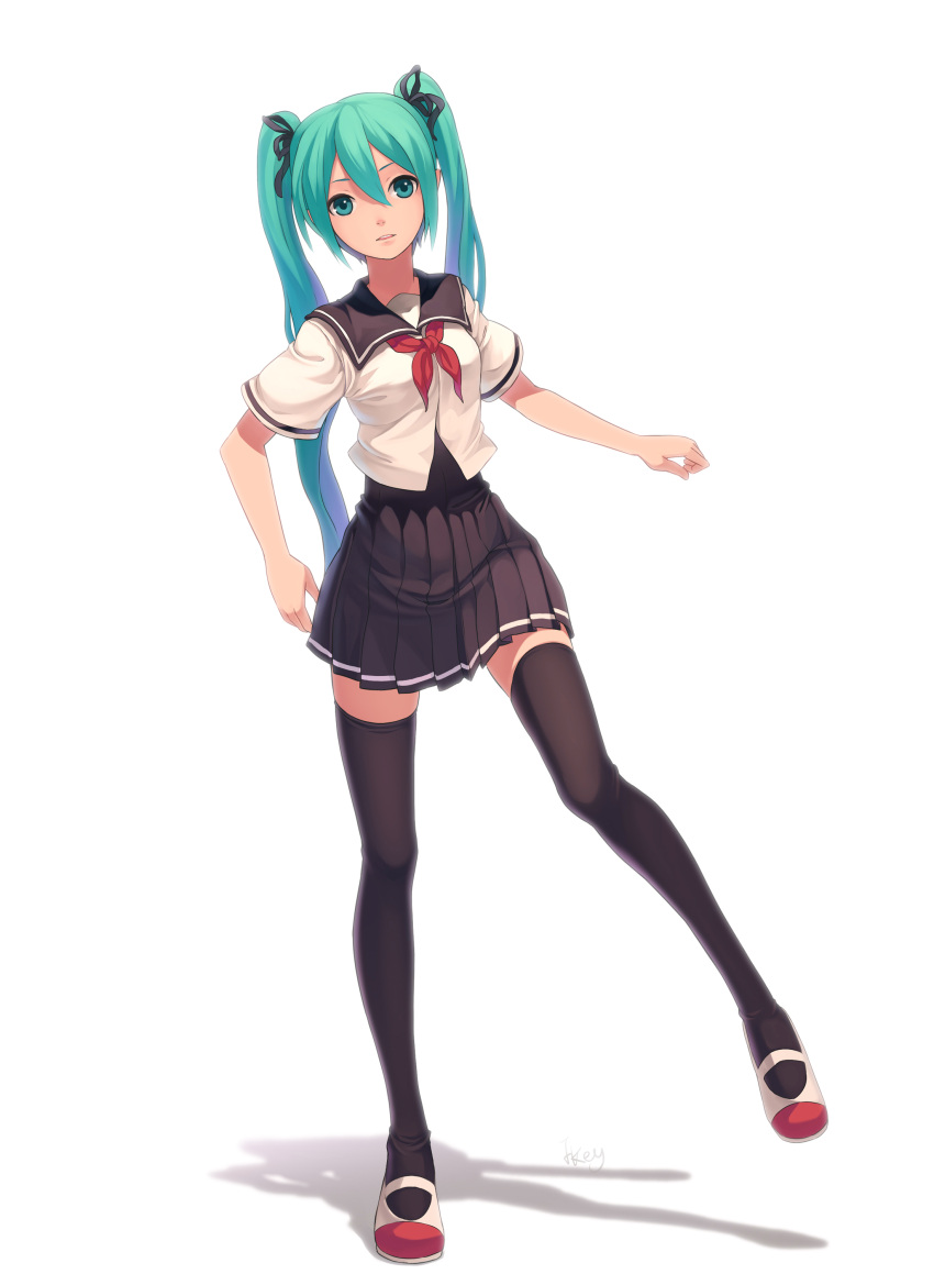 absurdres aqua_eyes aqua_hair fkey green_eyes green_hair hair_ribbon hatsune_miku highres long_hair pleated_skirt project_diva project_diva_2nd ribbon school_uniform serafuku shadow shoes signature simple_background skirt solo standing_on_one_leg thigh-highs thighhighs twintails uwabaki vocaloid white_background