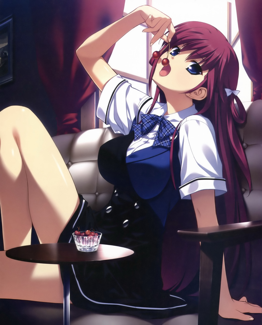 absurdres asymmetrical_clothes blue_eyes breasts cherry couch curtains eating food fruit fumio fumio_(ura_fmo) grisaia_no_kajitsu highres holding holding_fruit long_hair looking_at_viewer open_mouth purple_hair red_hair ribbon school_uniform skirt suou_amane window