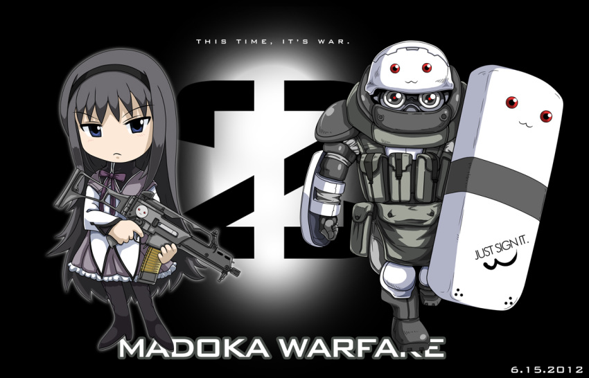 akemi_homura armor brand_name_imitation call_of_duty call_of_duty:_modern_warfare_2 g36c juggernaut_(call_of_duty) juggernaut_(call_of_duty)armor kyubey mahou_shoujo_madoka_magica nike pantyhose parody riot_shield tachiwani