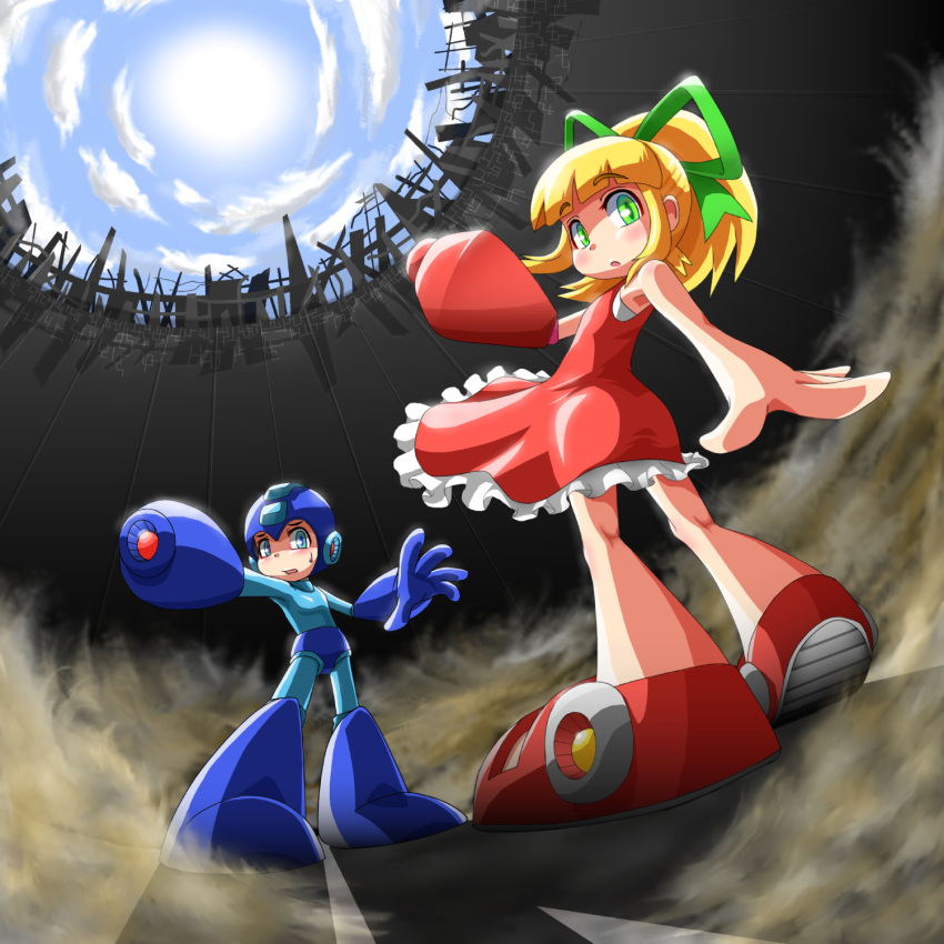 1girl android arm_cannon blonde_hair blue_eyes dress frilled_dress frills green_eyes hair_ribbon helmet highres implied_pantyshot long_hair ribbon rockman rockman_(character) rockman_(classic) roll symphysodon weapon